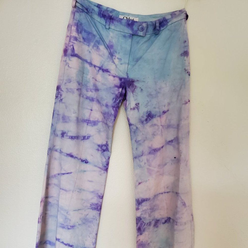 Chloe cotton wide leg Pants painted Tie Dyed 0 2 4 small purple blue white gray